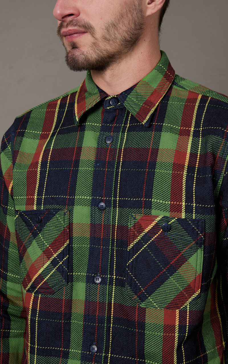 Samurai Jeans SIN23-01W Flannel Shirt Indigo Rope Dyed Green