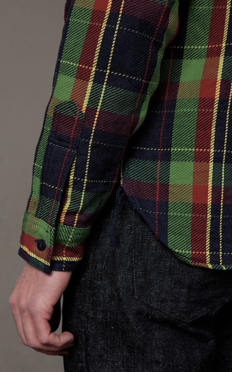 Samurai Jeans SIN23-01W Flannel Shirt Indigo Rope Dyed Green