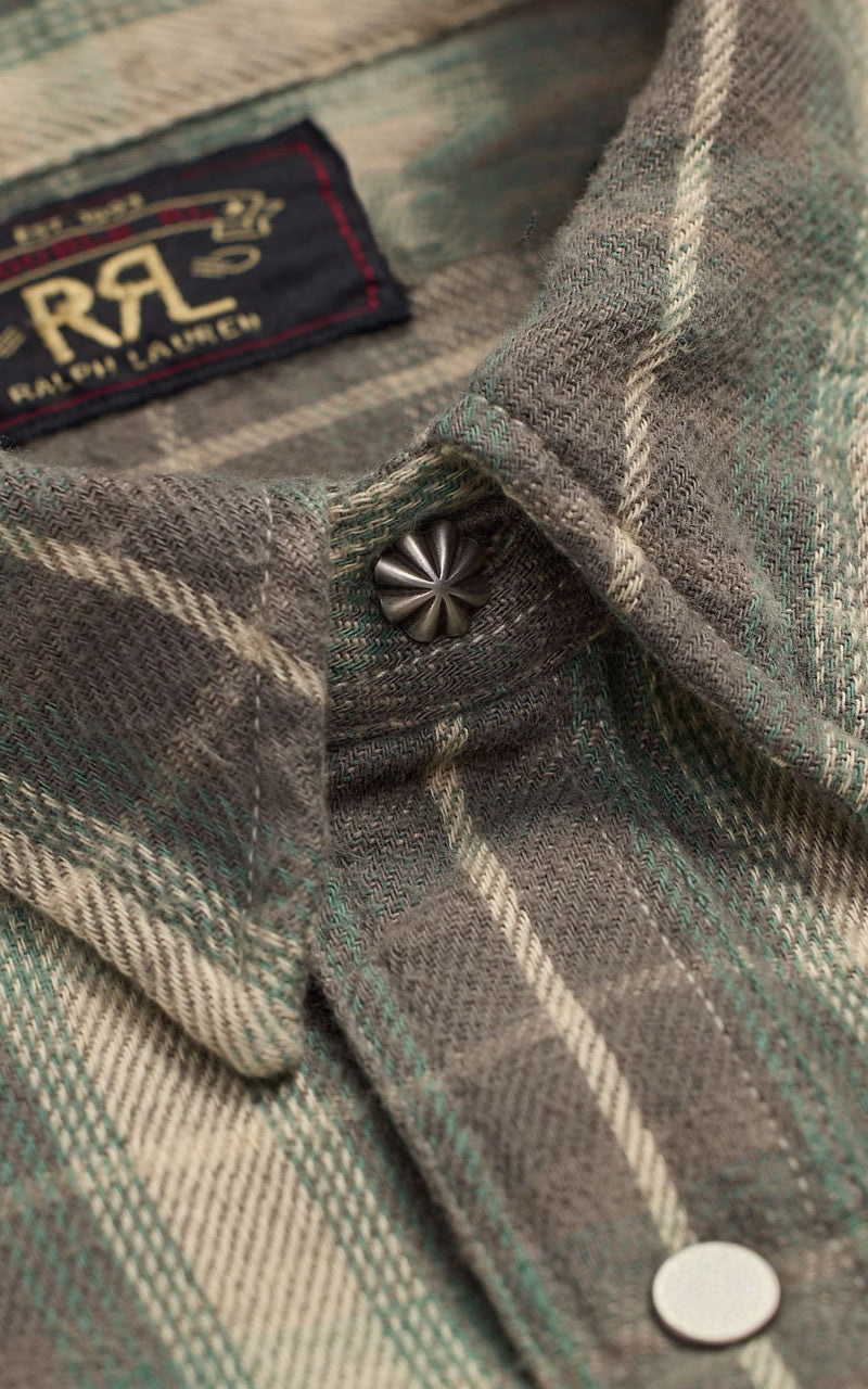 RRL Slim Fit Plaid Twill Western Shirt Green/Grey
