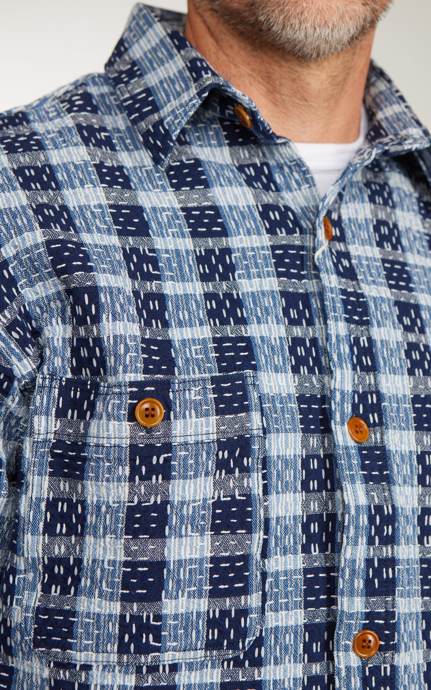 Studio D'Artisan 5738 Noragi Sashiko Short Sleeve Shirt Blue Indigo