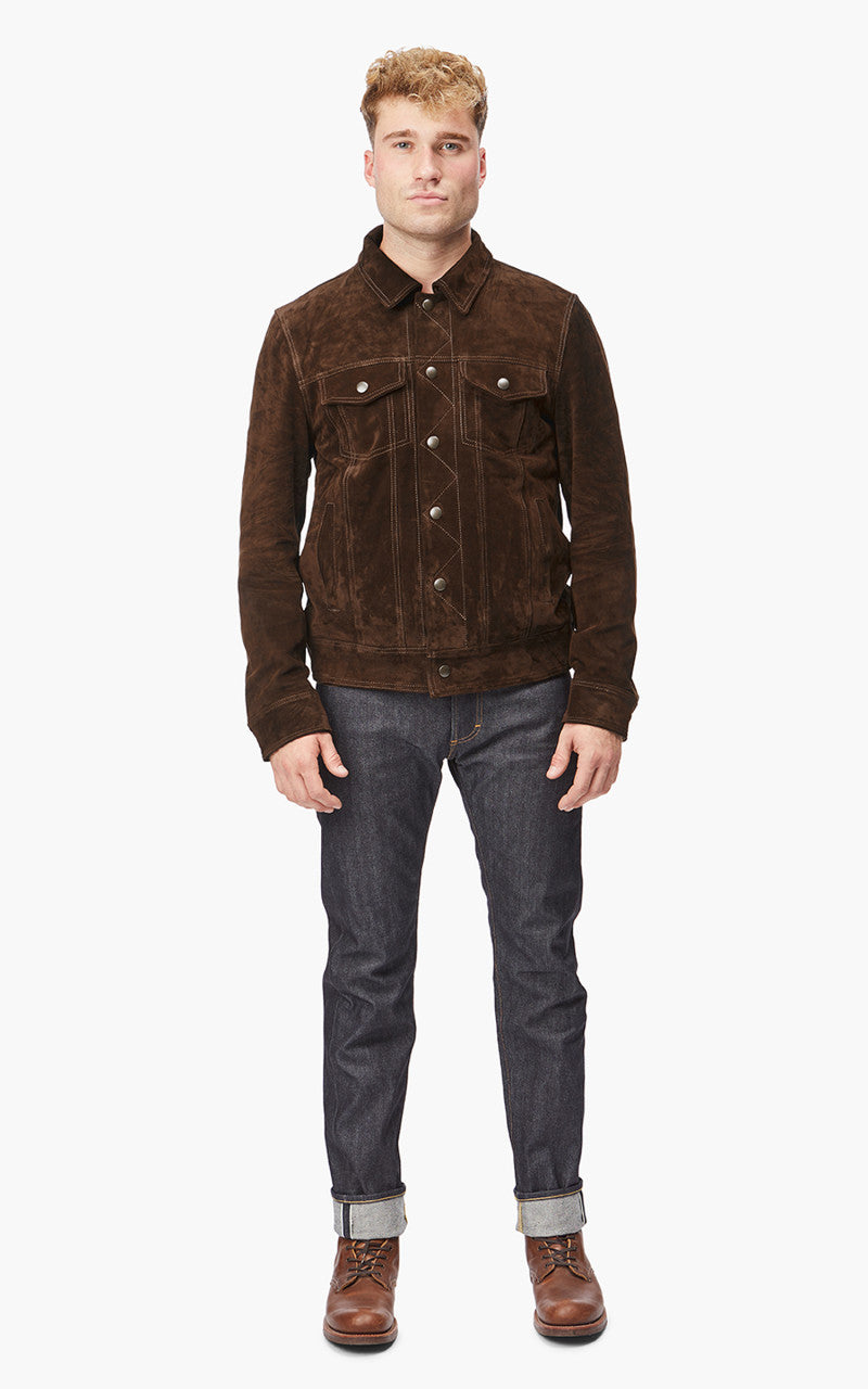 Tellason Suede Trucker Jacket Calf Split Silky Dark Brown