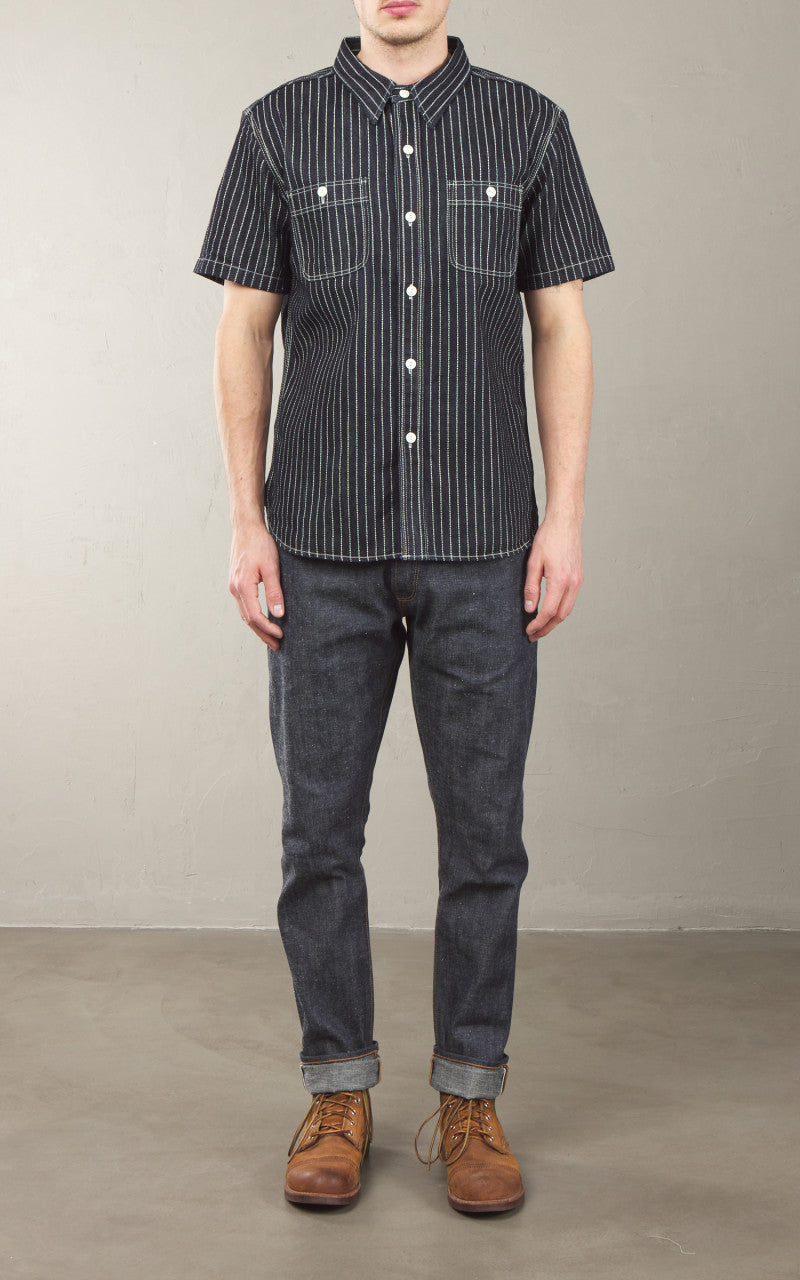 The Flat Head FN-SDK-702S Short Sleeve Denim Wabash Work Shirt Blue 10oz