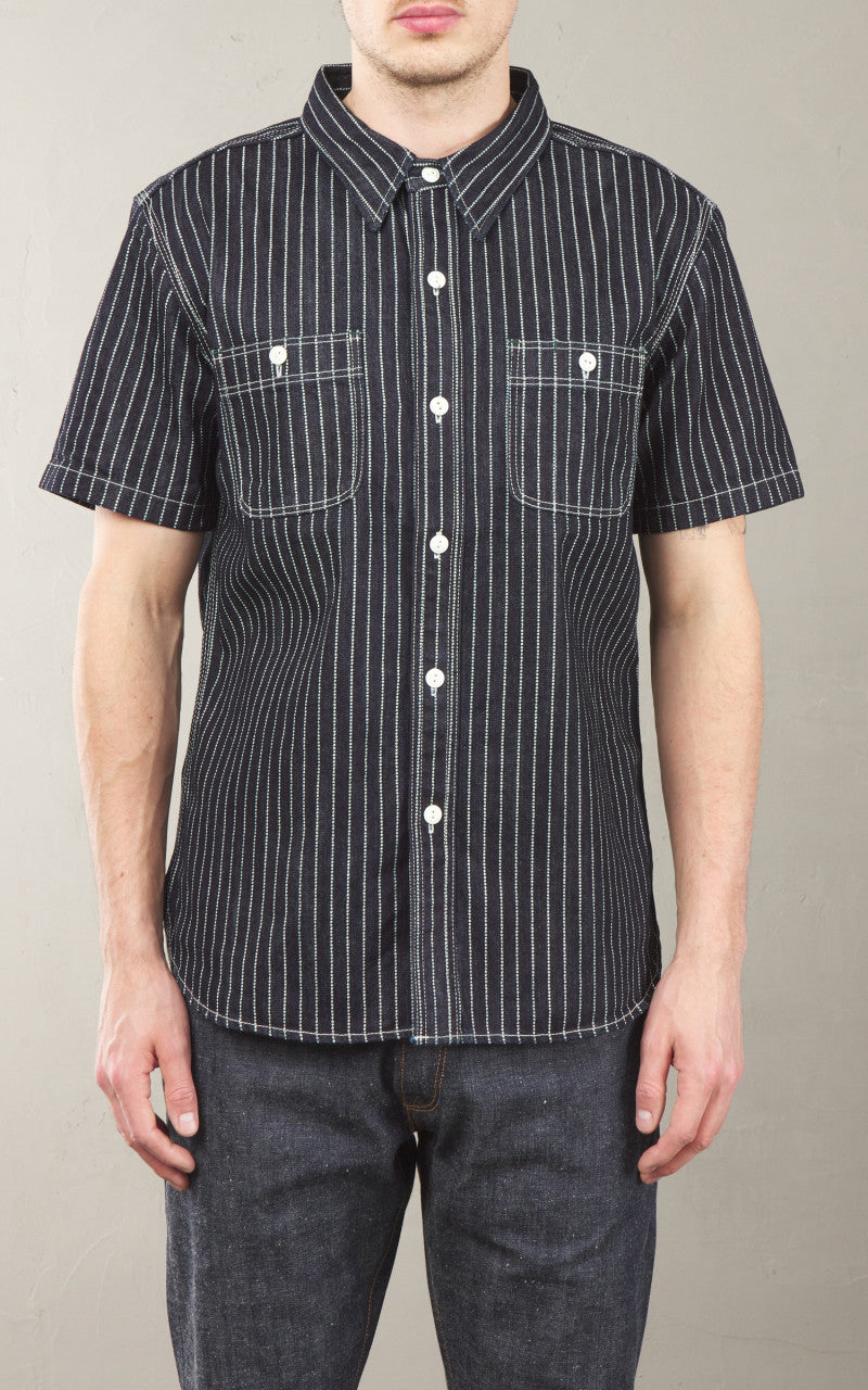 The Flat Head FN-SDK-702S Short Sleeve Denim Wabash Work Shirt Blue 10oz