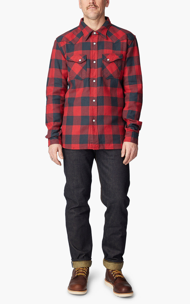The Flat Head FN-SNW-101L Block Check Flannel Western Shirt Red/Black
