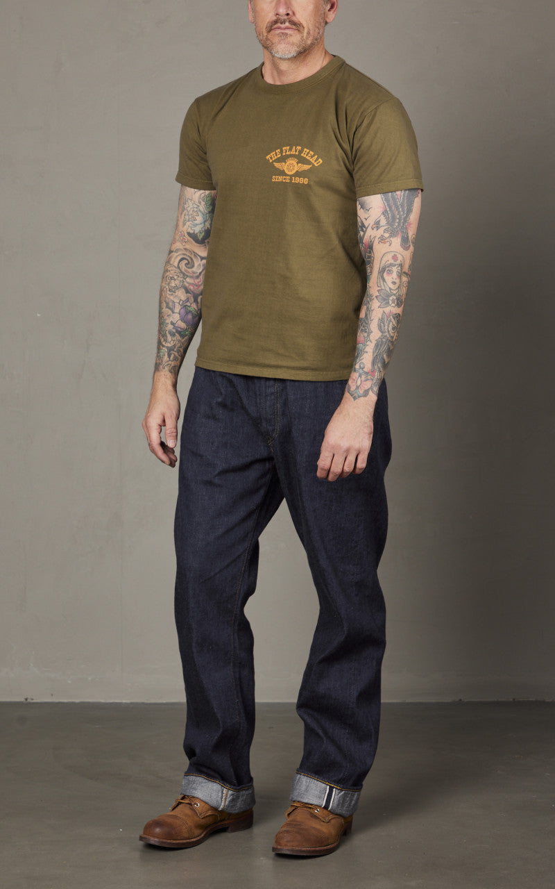 The Flat Head FN-THC-202 Flying Wheel T-Shirt Olive/Yellow