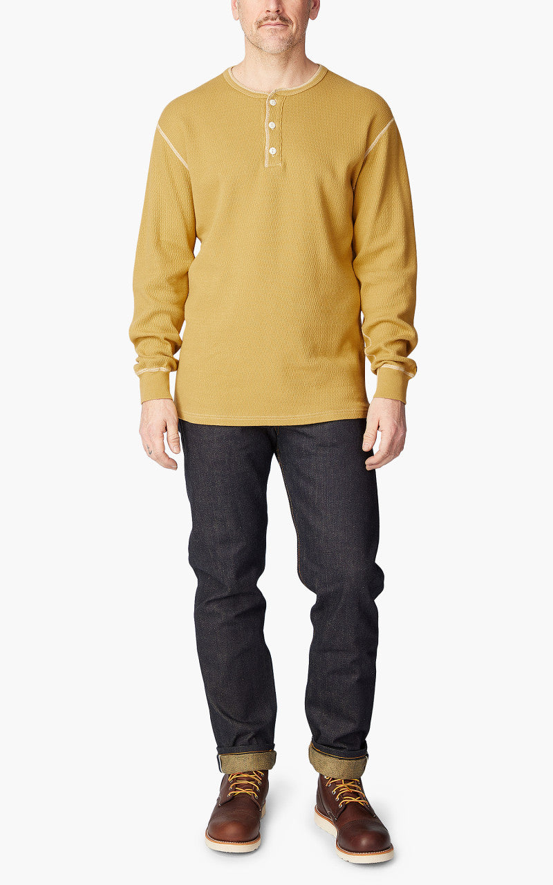 The Flat Head FN-THLH-003 Thermal L/S T-Shirt Henley Neck Mustard