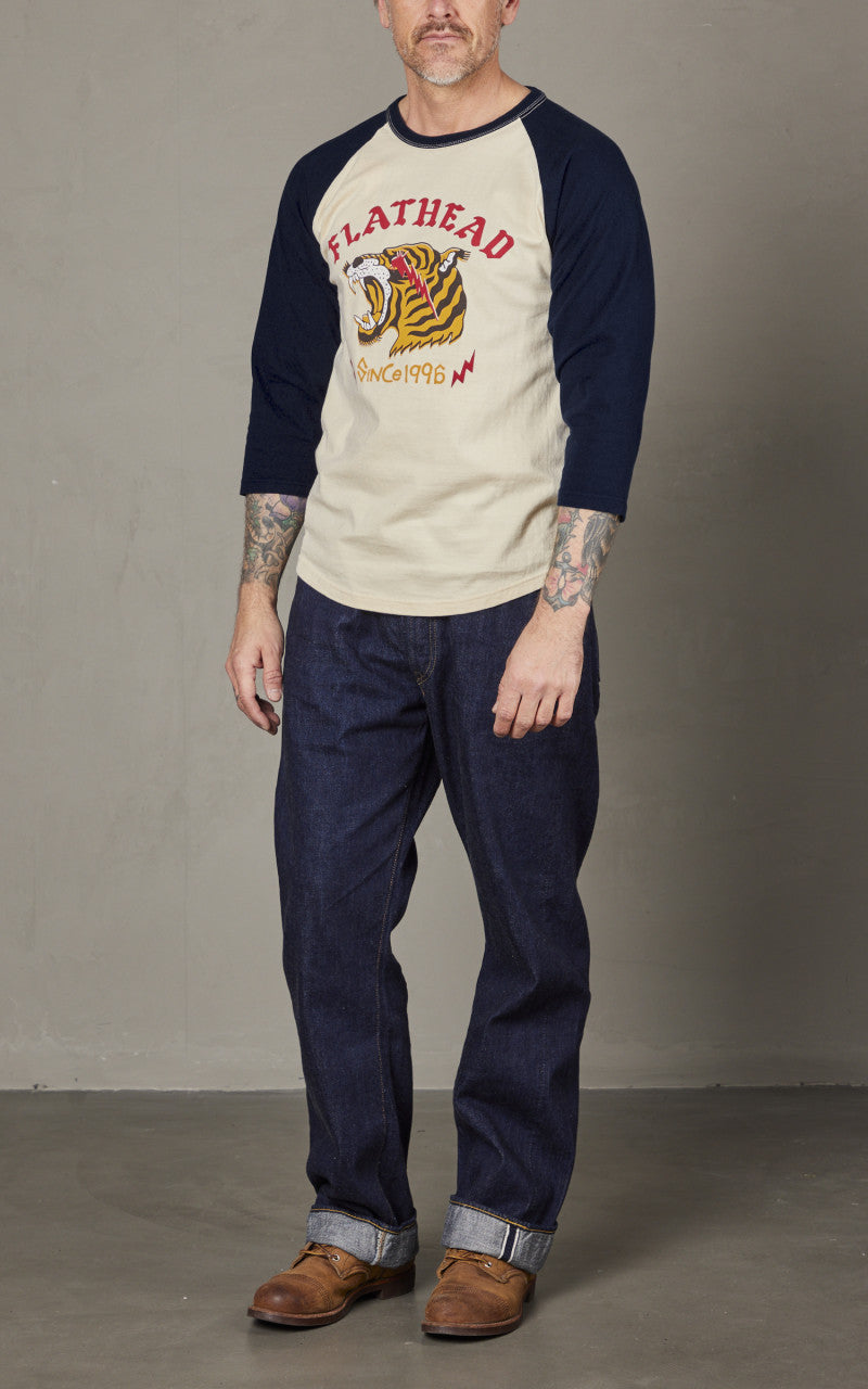 The Flat Head FN-TSRB-002 Raglan Qaurter Sleeve Tiger T-Shirt Ivory/Navy