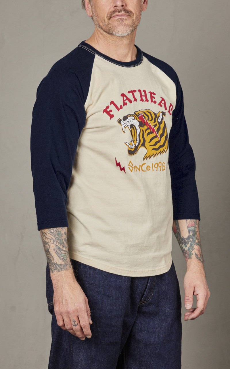 The Flat Head FN-TSRB-002 Raglan Qaurter Sleeve Tiger T-Shirt Ivory/Navy