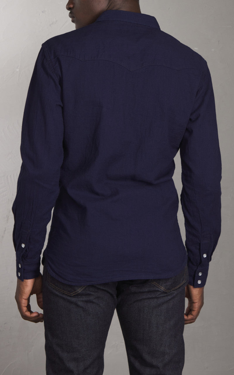 The Flat Head FN-SCW-002L Indigo Dobby Western Shirt Blue