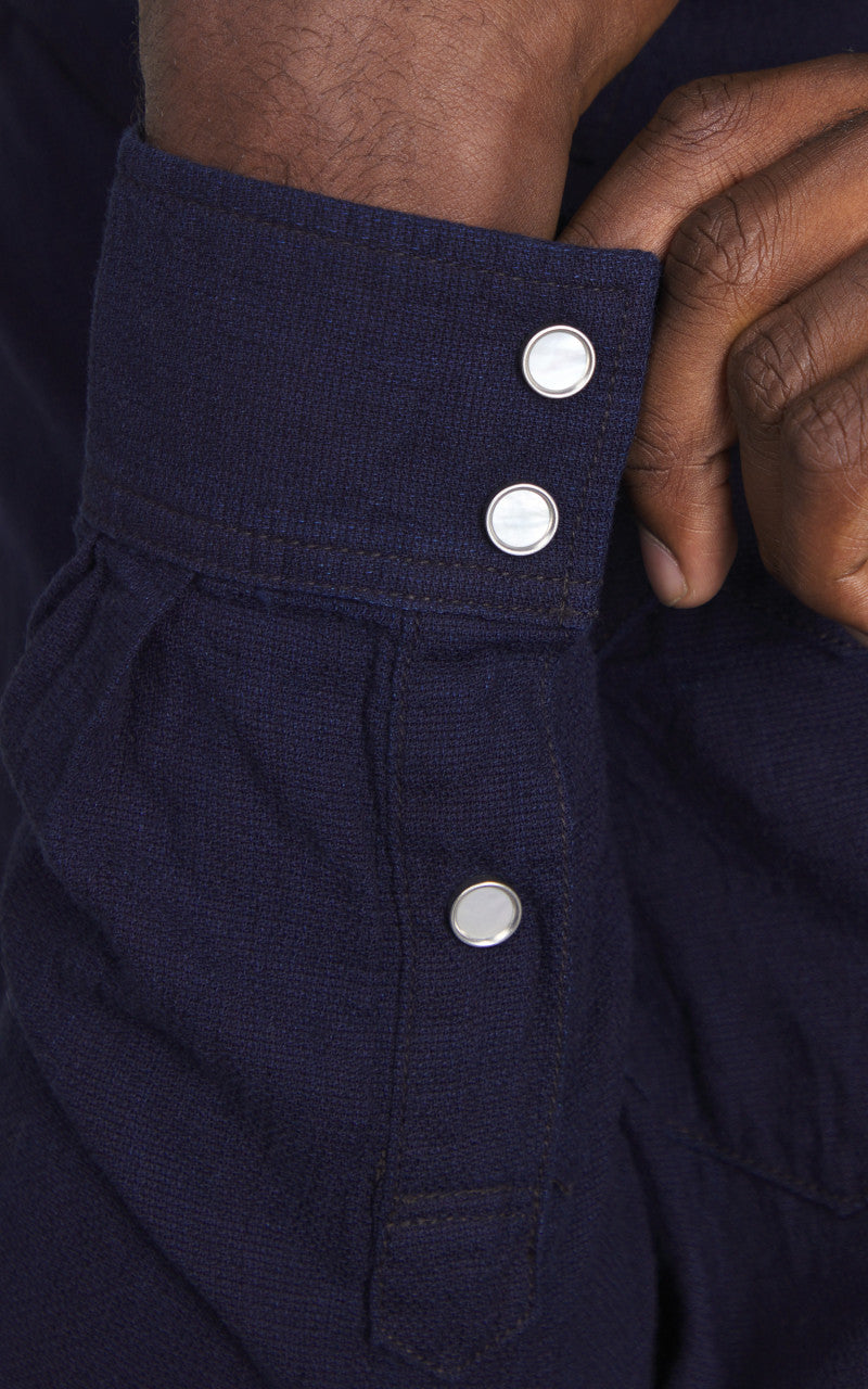 The Flat Head FN-SCW-002L Indigo Dobby Western Shirt Blue