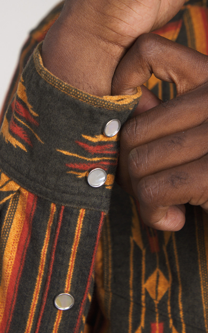 The Flat Head FN-SCW-018L Native Border Striped Flannel Western Shirt Black