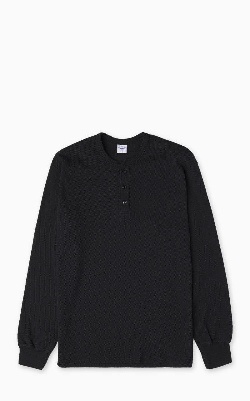 The Flat Head FN-THLH-004 Waffle Knit Henley Thermal Black