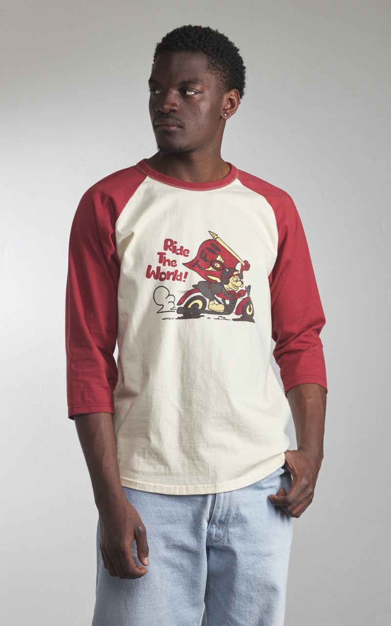 The Flat Head FN-TSRB-003 Raglan Qaurter Sleeve R.T.W. Ivory/Red