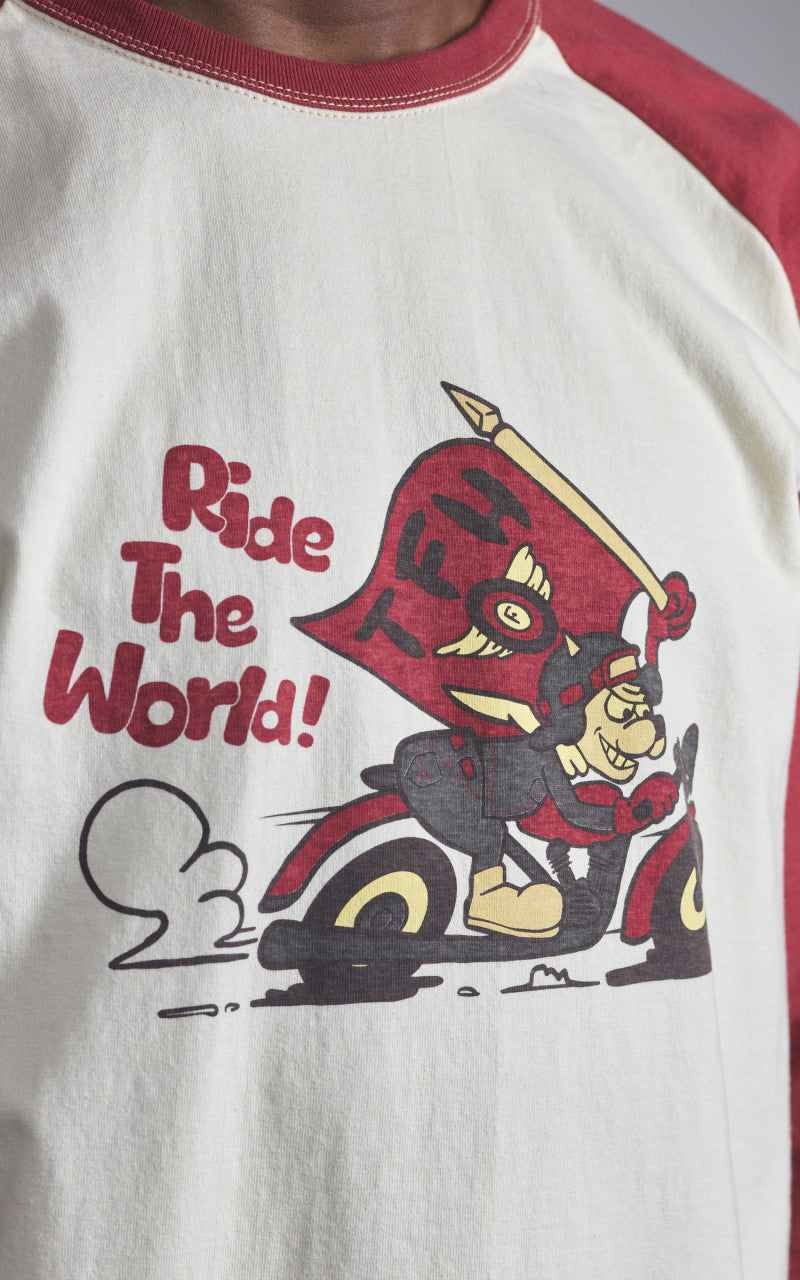 The Flat Head FN-TSRB-003 Raglan Qaurter Sleeve R.T.W. Ivory/Red