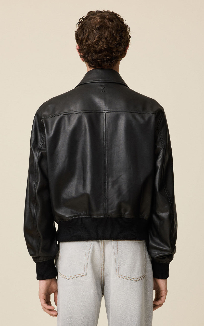 AMI Paris Zipped Leather Jacket Black