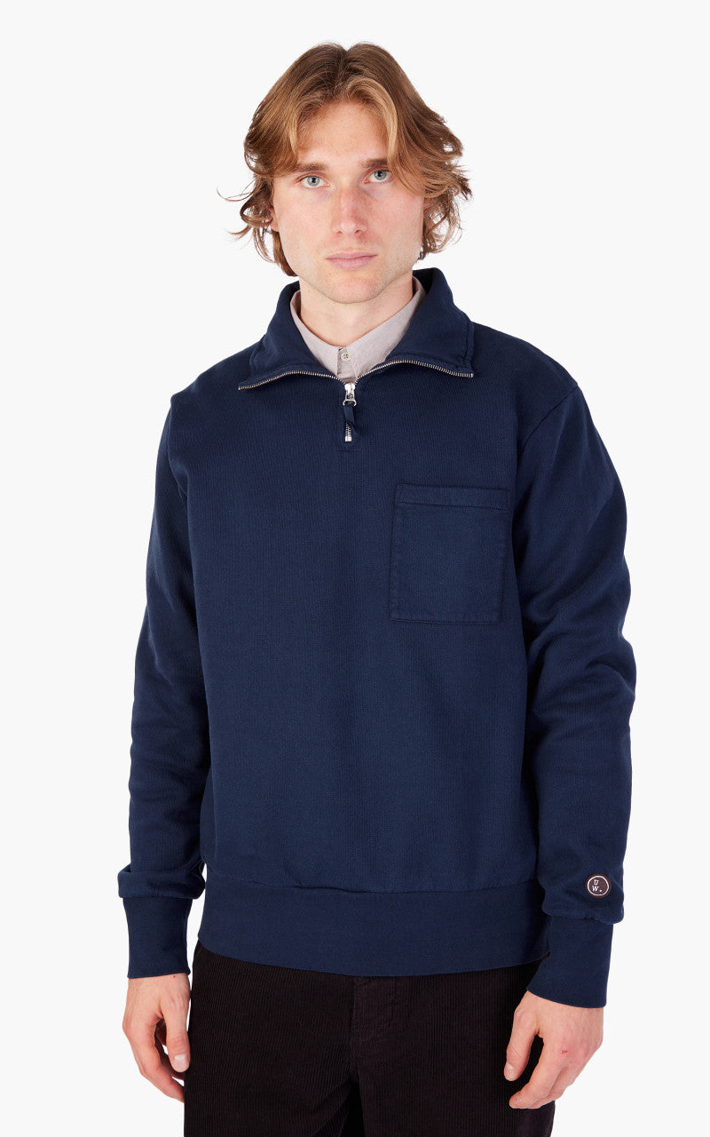 Universal Works Half Zip Sweatshirt Brushback Navy