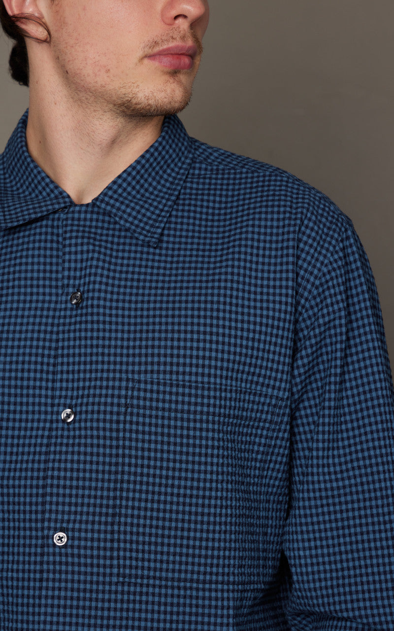 Universal Works L/S Camp Shirt Gingham Seersucker Navy
