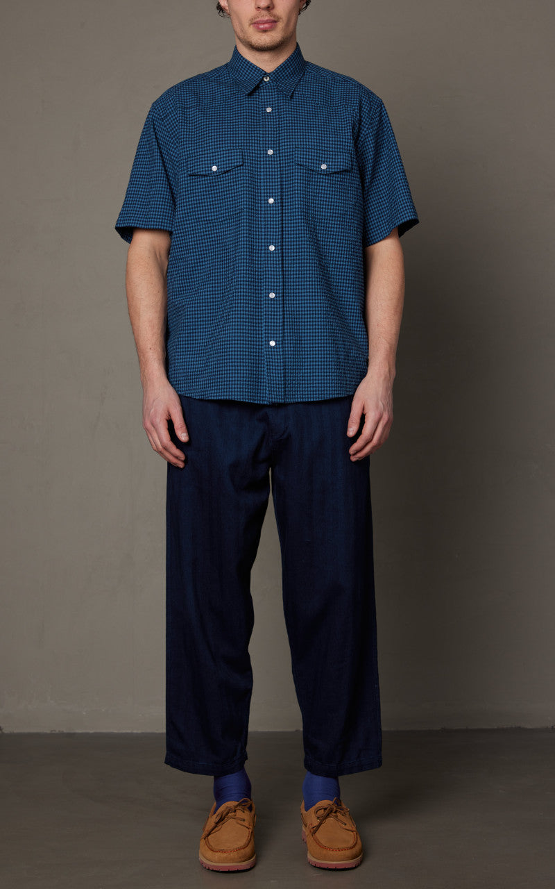 Universal Works Western Garage Shirt Gingham Seersucker Navy