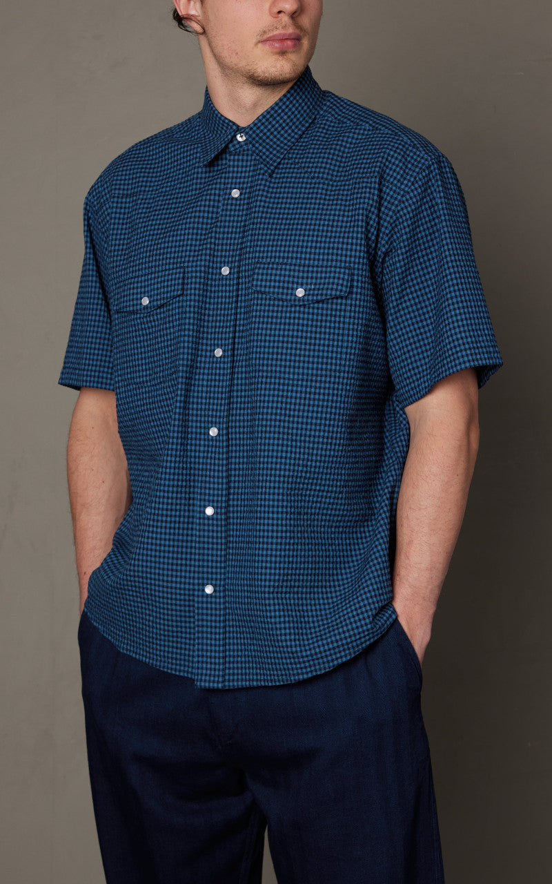 Universal Works Western Garage Shirt Gingham Seersucker Navy
