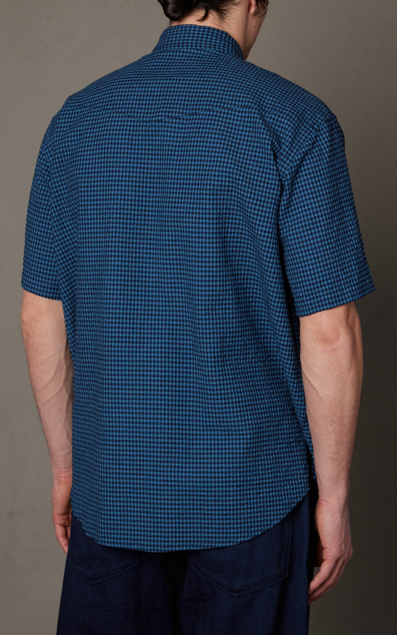 Universal Works Western Garage Shirt Gingham Seersucker Navy