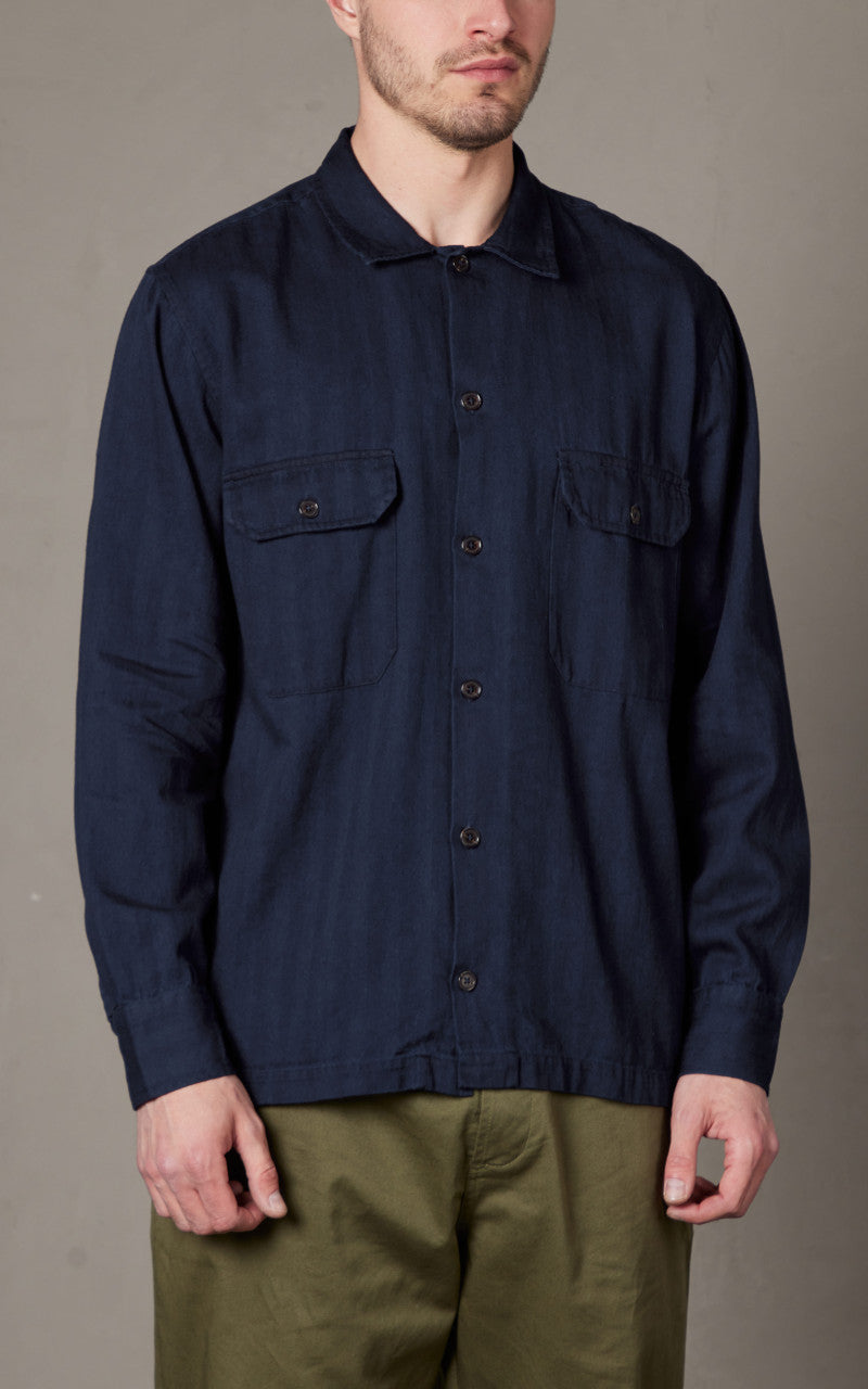Universal Works L/S Utility Shirt Herringbone Denim Indigo