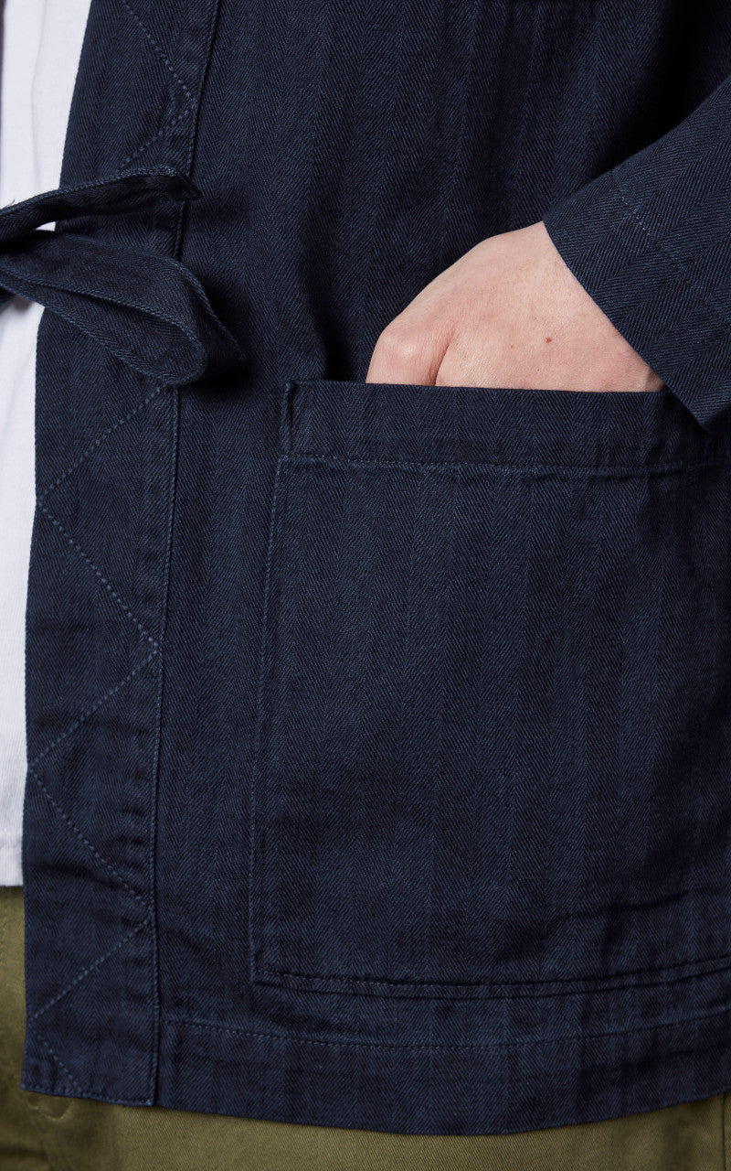 Universal Works Tie Front Jacket Herringbone Denim Indigo
