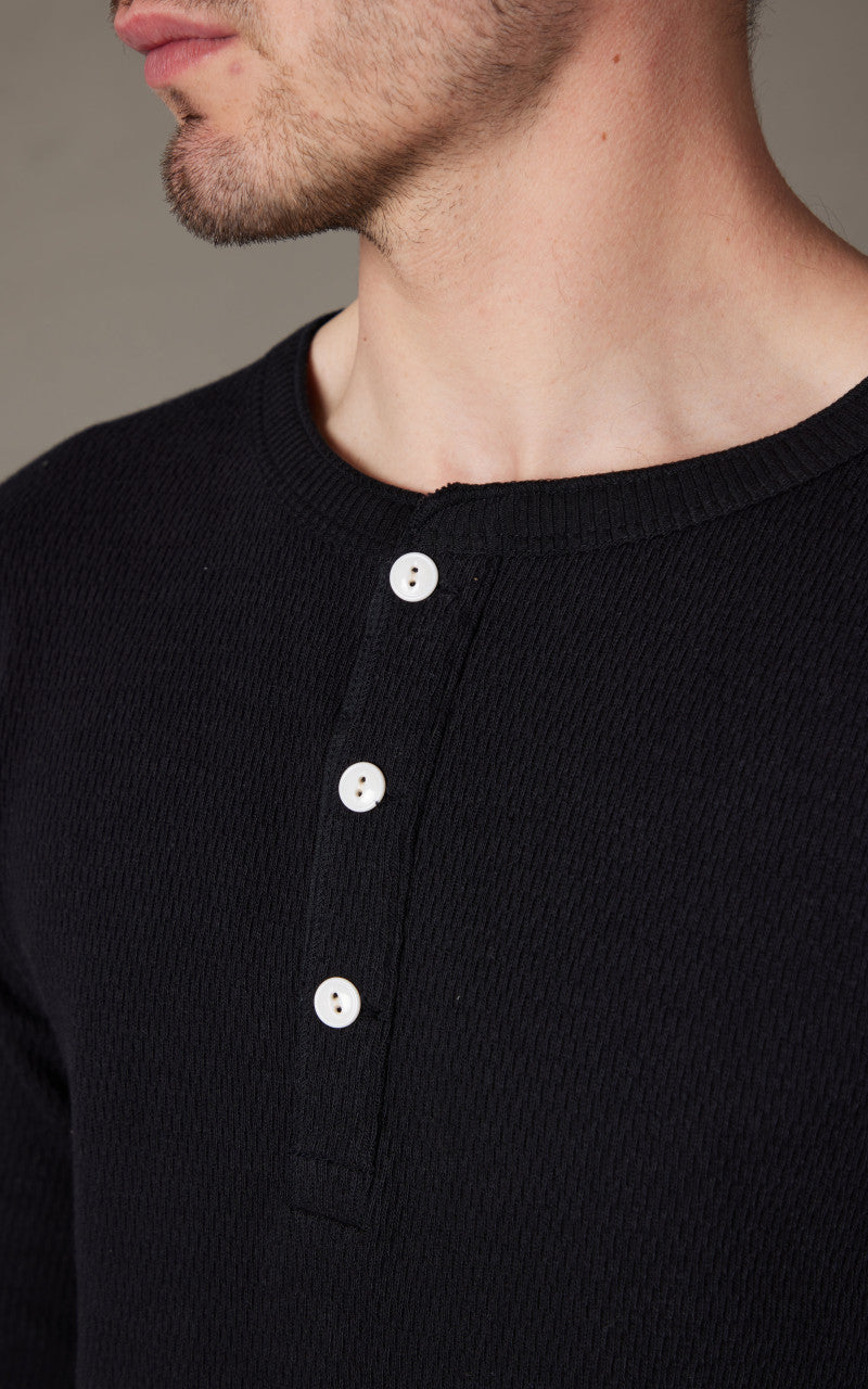 Warehouse & Co. Lot 5904 Waffle-Knit Henley Neck Long Sleeve T-Shirt Black