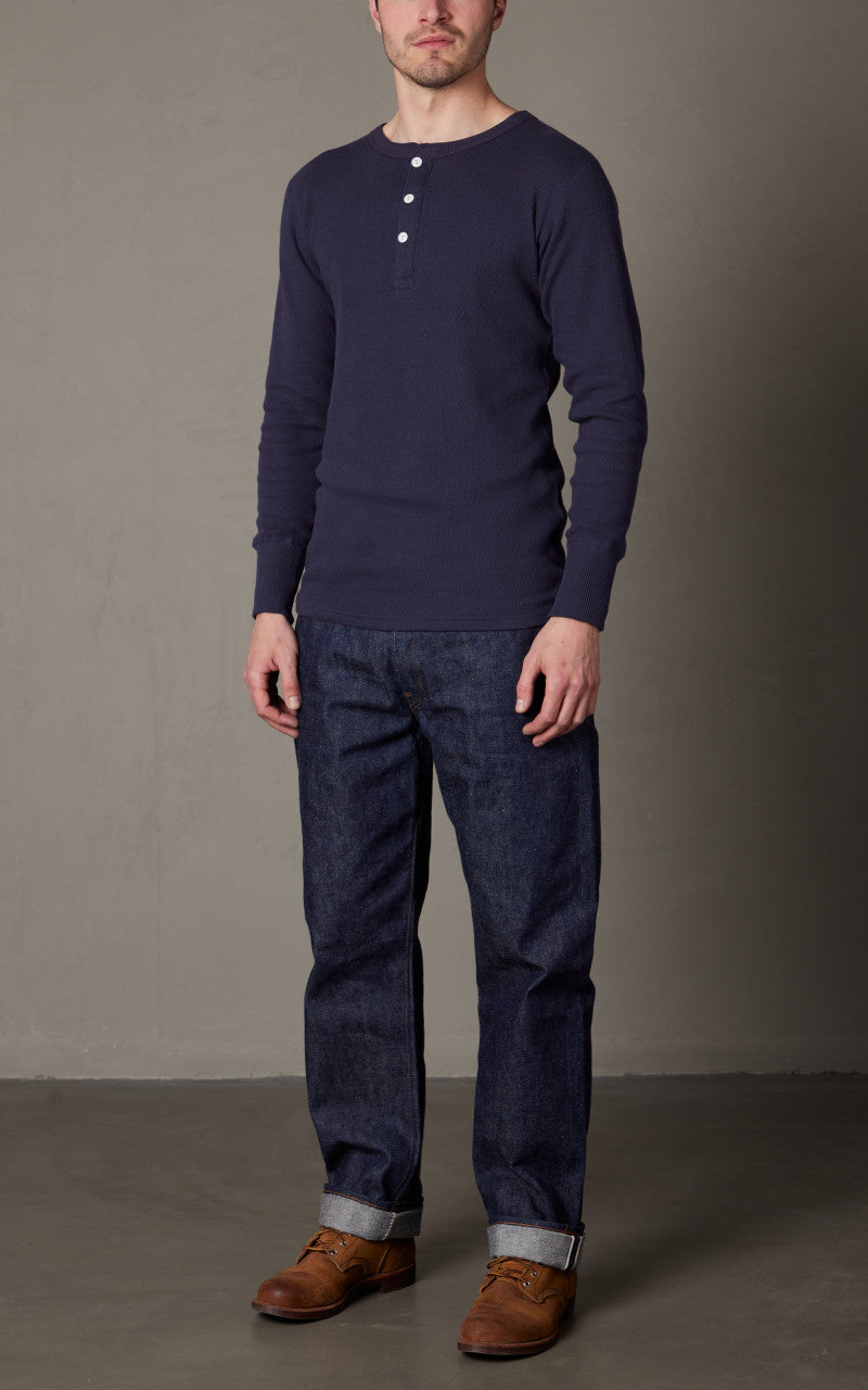 Warehouse & Co. Lot 5904 Waffle-Knit Henley Neck Long Sleeve T-Shirt Navy