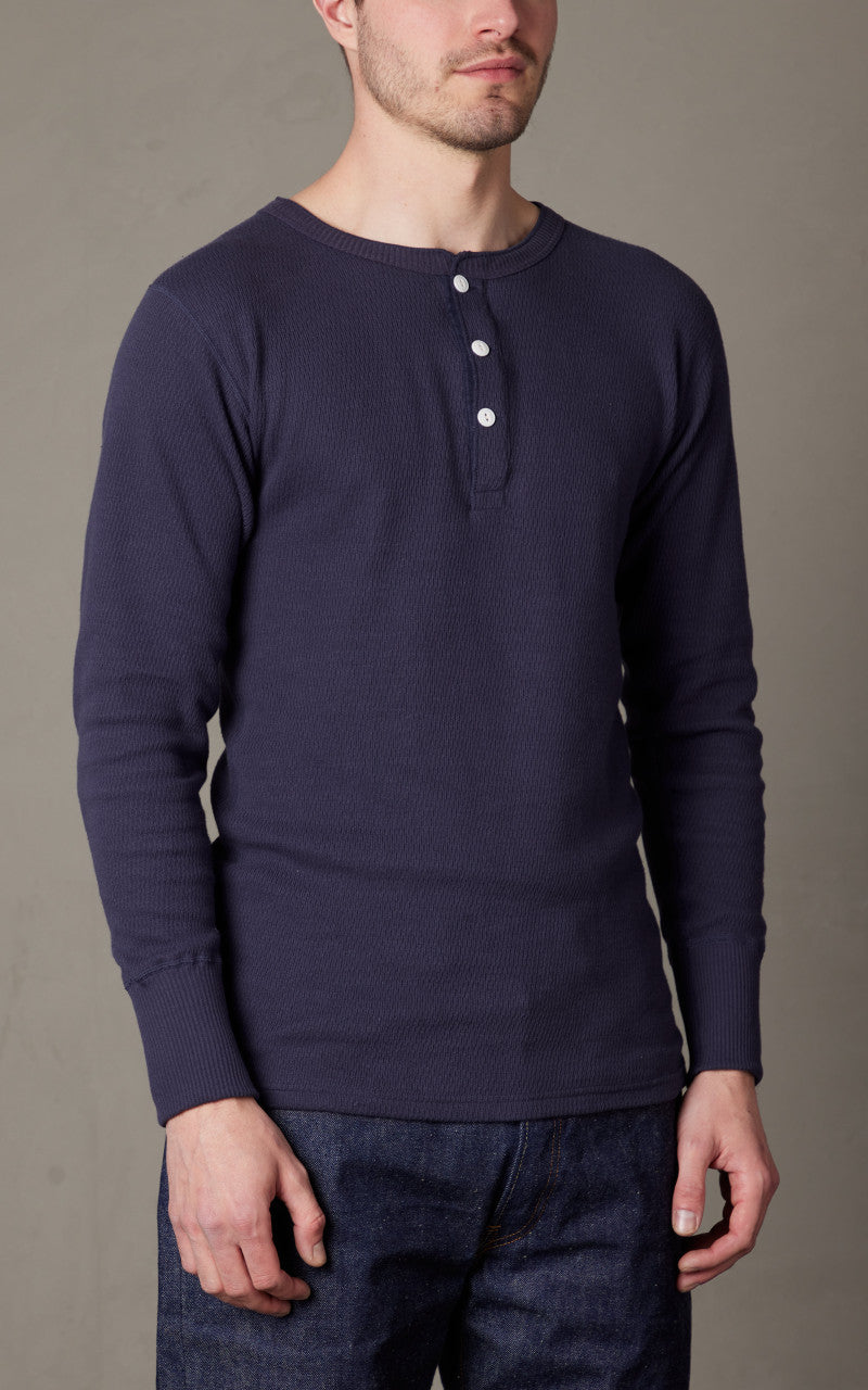 Warehouse & Co. Lot 5904 Waffle-Knit Henley Neck Long Sleeve T-Shirt Navy