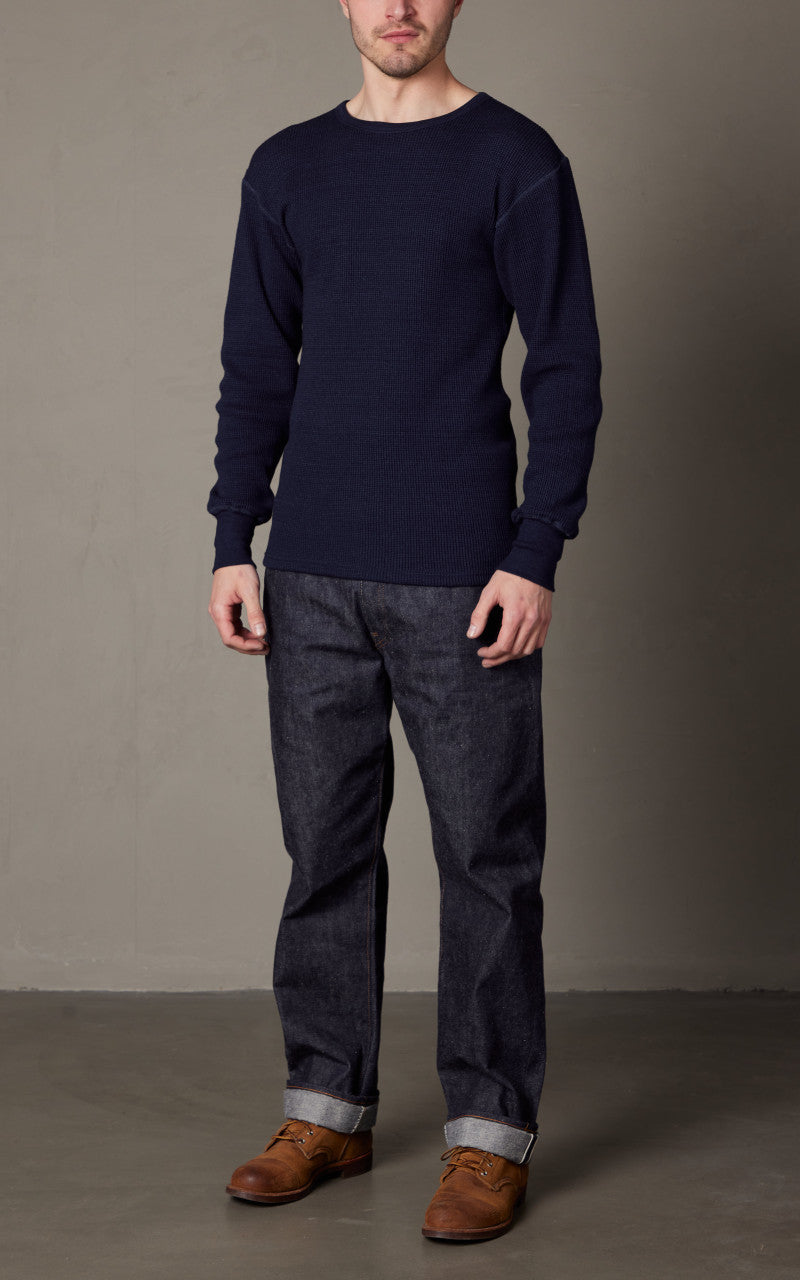 Warehouse & Co. Lot 5911 Waffle-Knit Crew Neck Long Sleeve T-Shirt Indigo