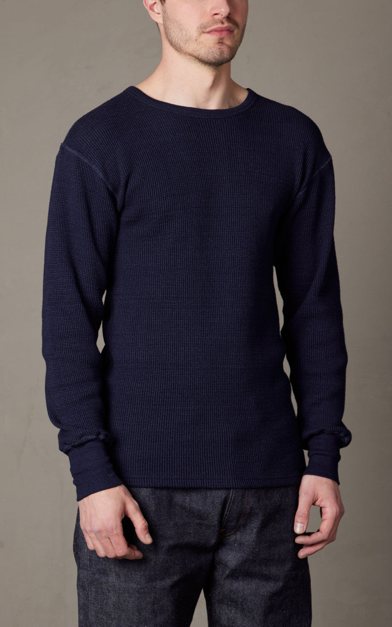 Warehouse & Co. Lot 5911 Waffle-Knit Crew Neck Long Sleeve T-Shirt Indigo