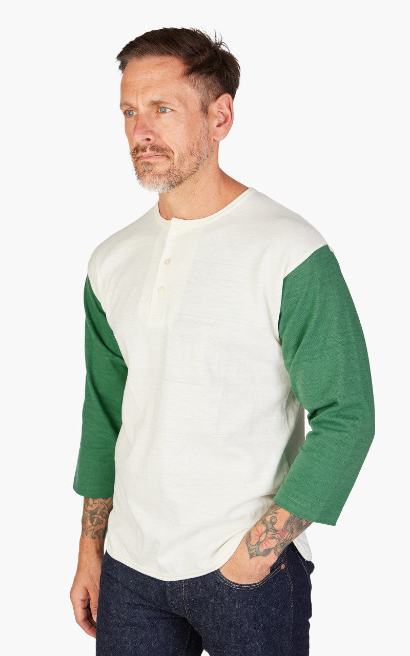 Warehouse & Co. Lot 4058 Three Quarter Baseball Henley T-Shirt Cream/Light Green