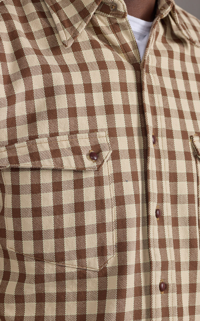 Warehouse & Co. Lot 3052 Long Horn Type Flannel Western Shirt Brown Check