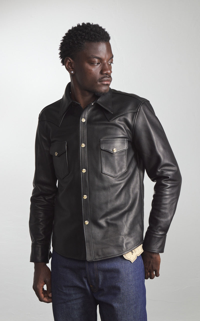 Y'2 Leather Steer Oil Leather Western Shirt Black