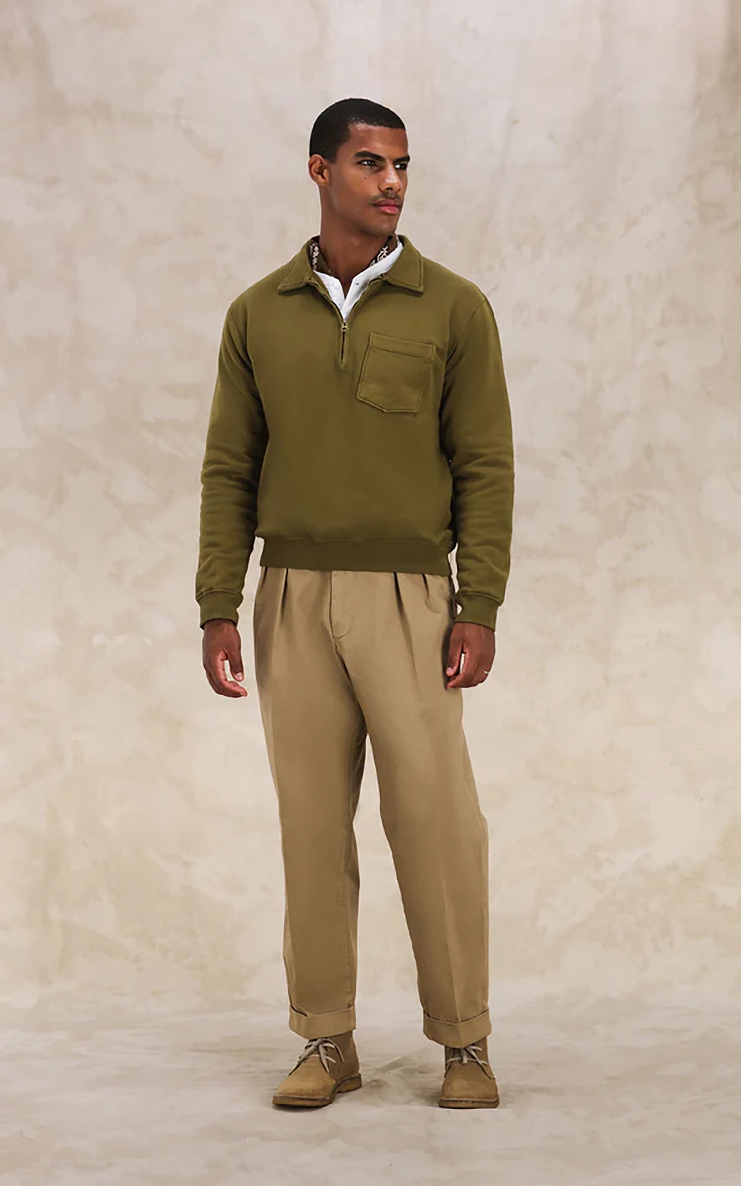 Fortela Yale Fleece Jersey Quarter Zip Sweatshirt Khaki