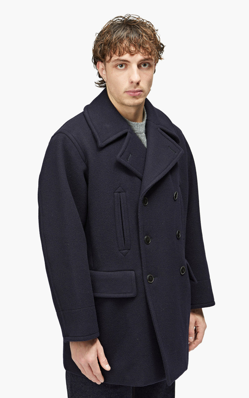 YLÈVE Wool Mosser Pea Coat Navy