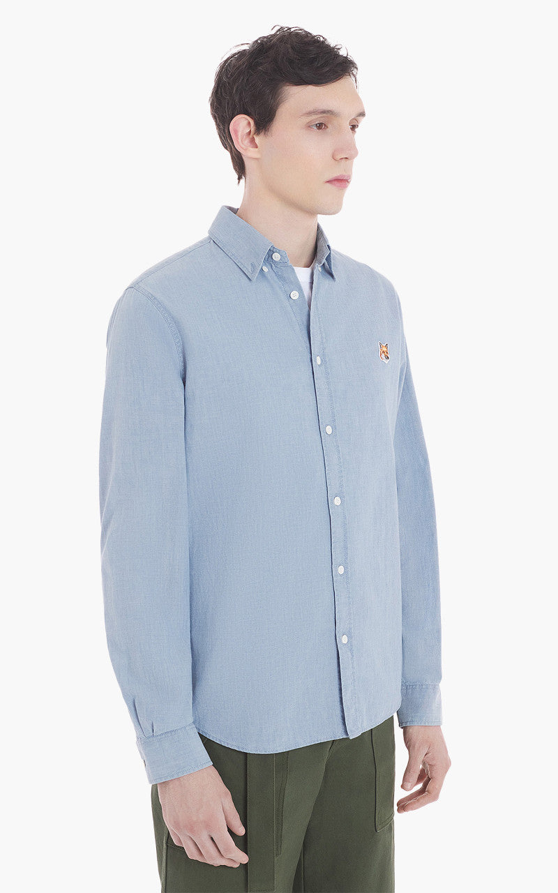 Maison Kitsuné Foxhead Patch Button Down Classic Shirt Chambray Washed Indigo