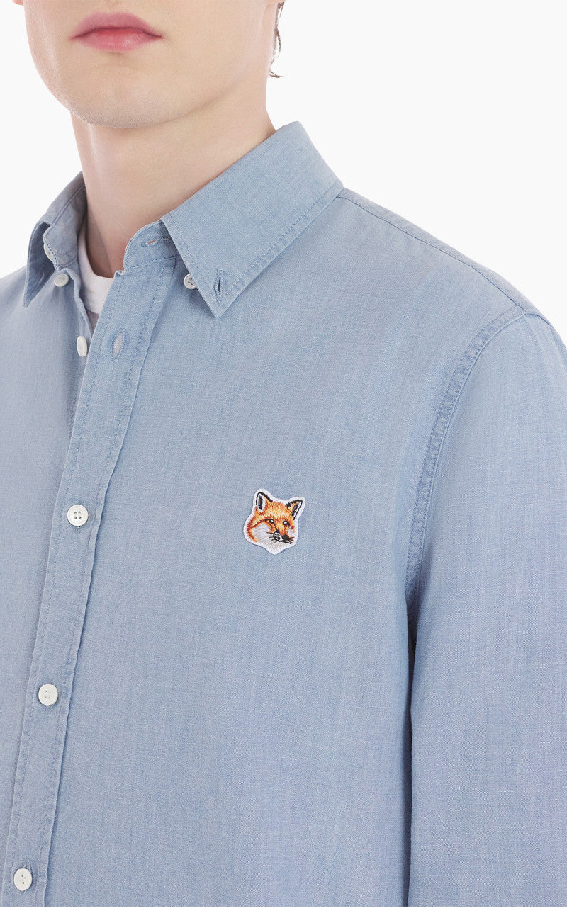 Maison Kitsuné Foxhead Patch Button Down Classic Shirt Chambray Washed Indigo