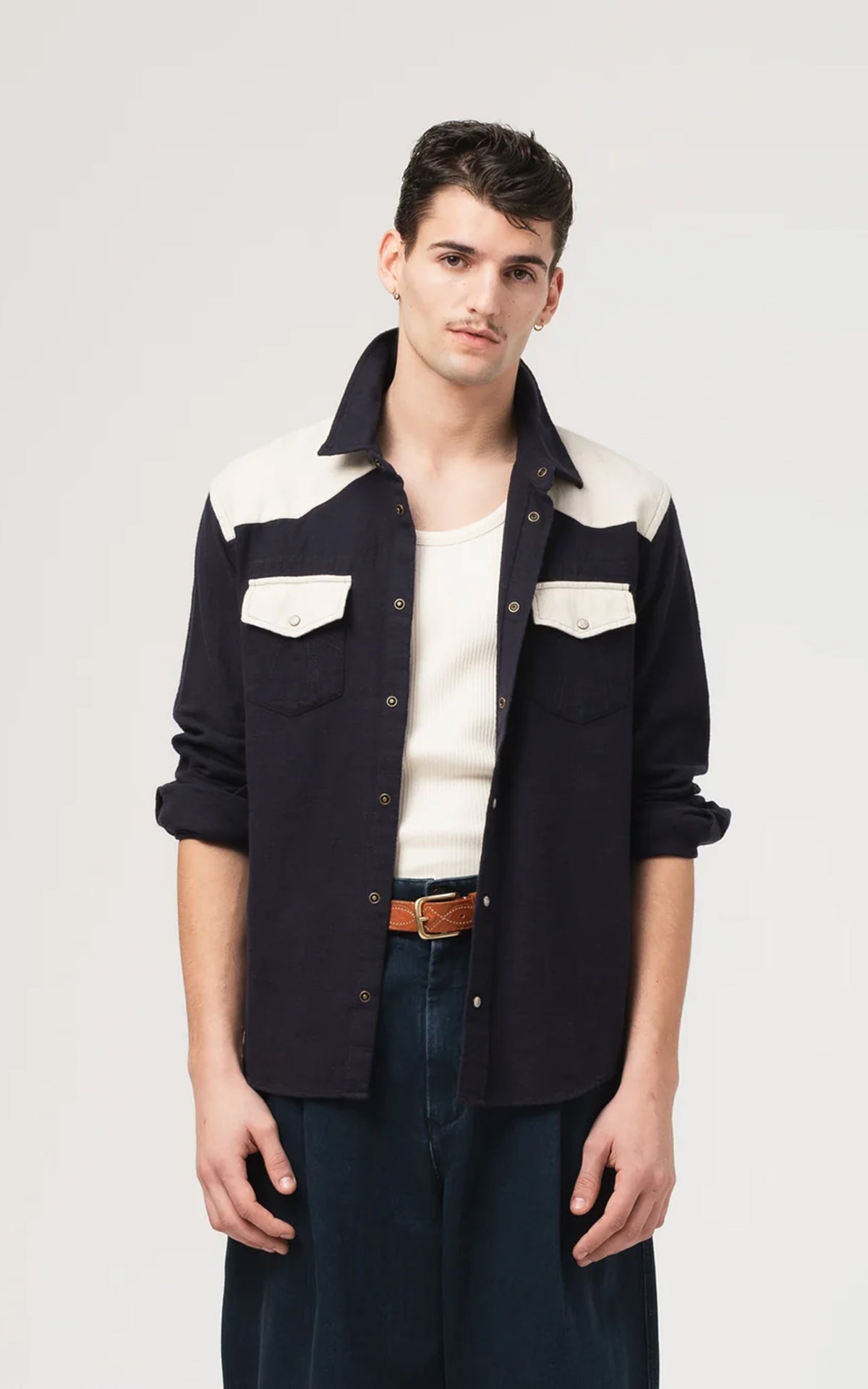 Eat Dust Western Shirt Slub Cotton Navy/Off White