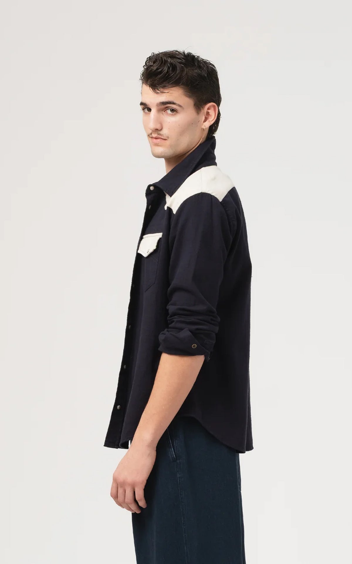 Eat Dust Western Shirt Slub Cotton Navy/Off White