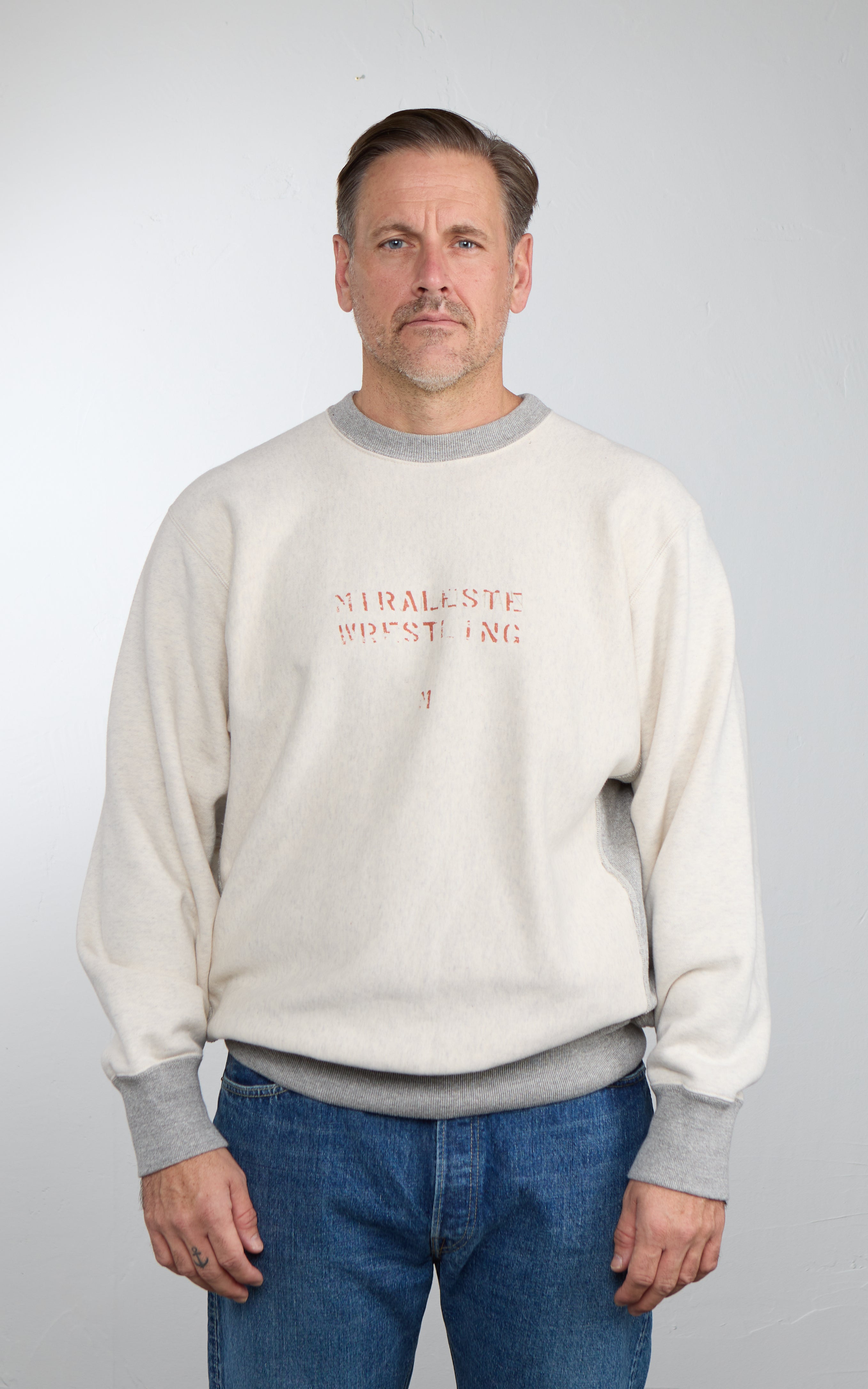 OrSlow Heavyweight Cross Grain Side Rib Two-Tone Printed Sweatshirt Ecru