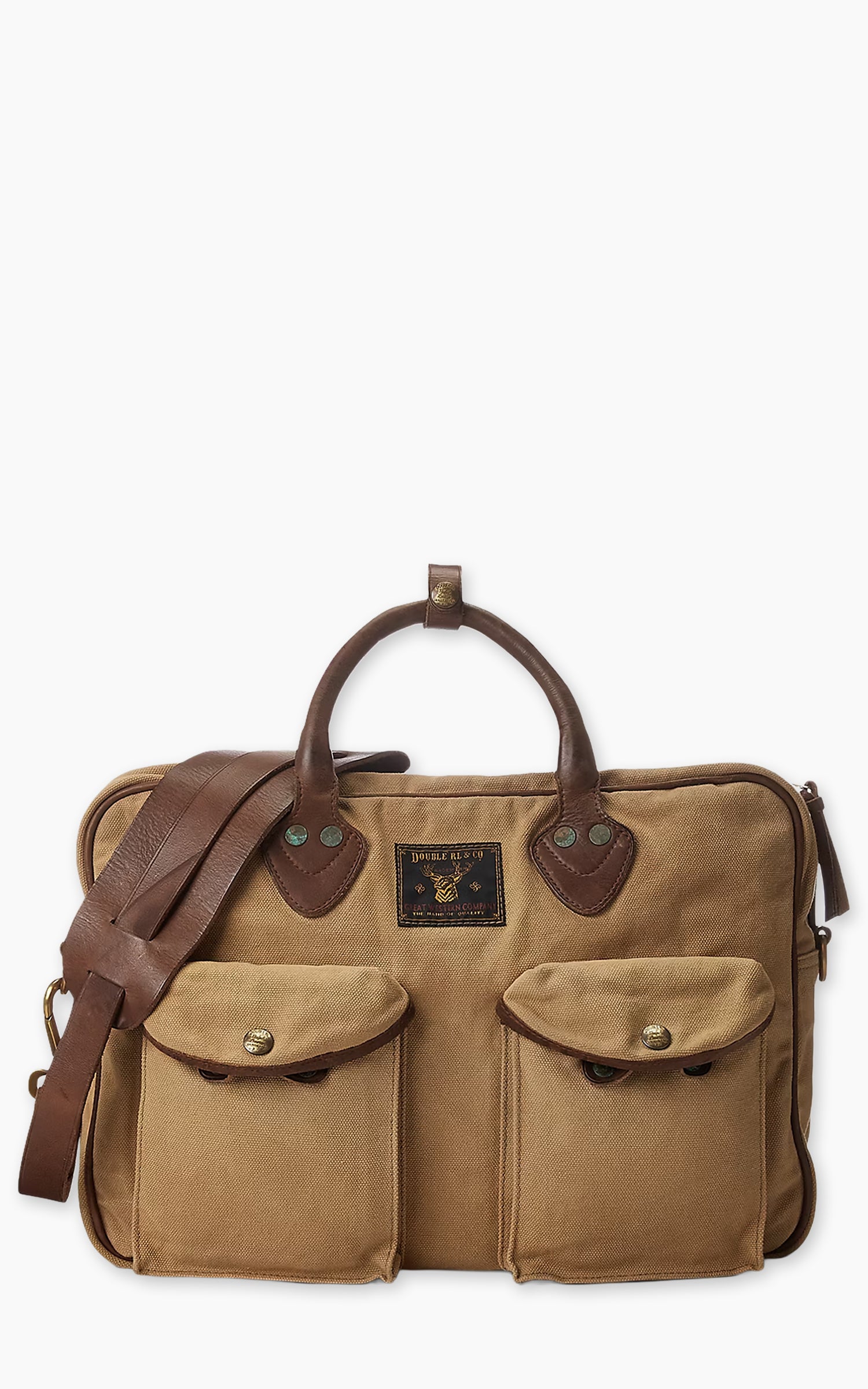 RRL Leather-Trim Canvas Briefcase Khaki/Brown