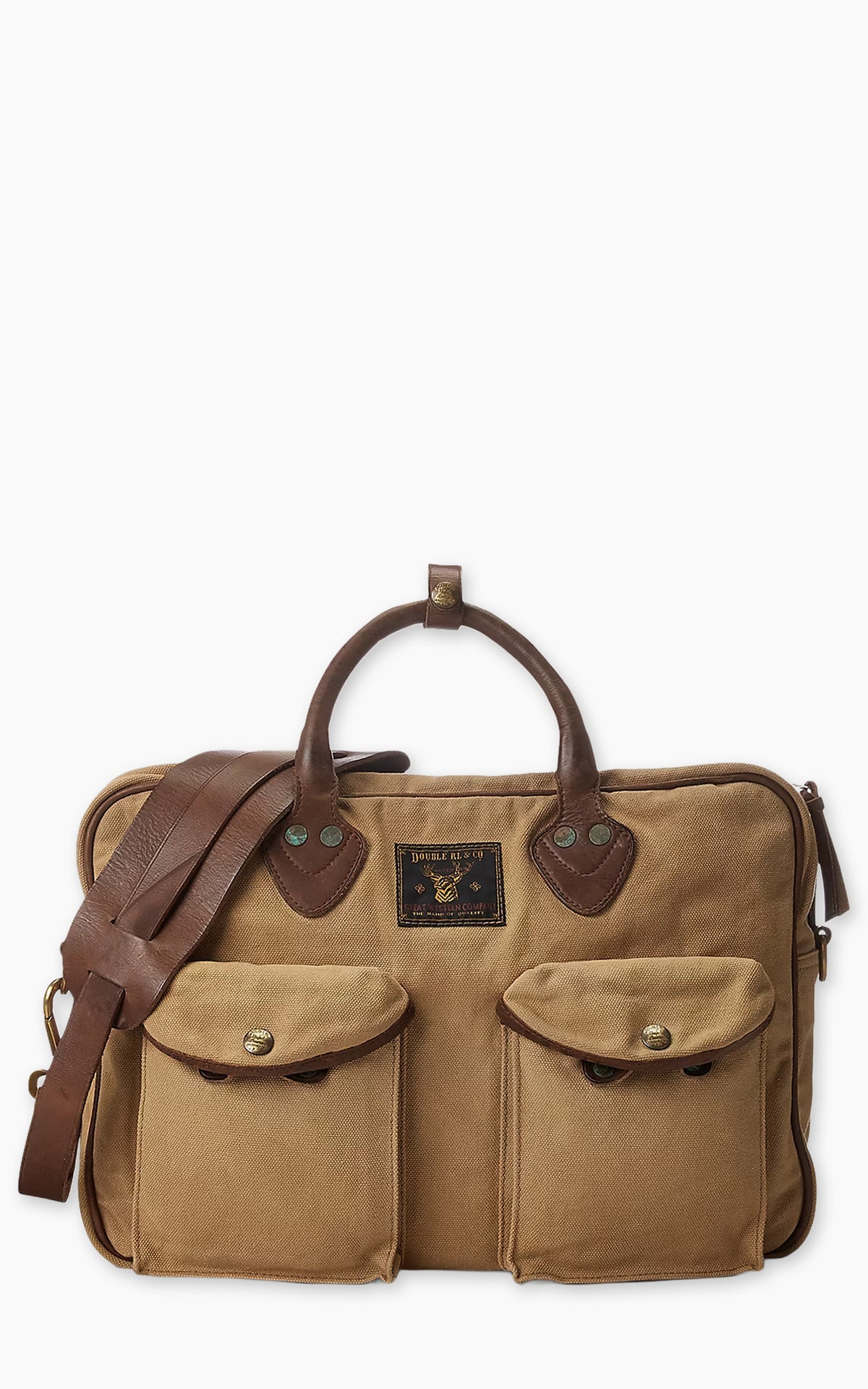 RRL Leather-Trim Canvas Briefcase Khaki/Brown