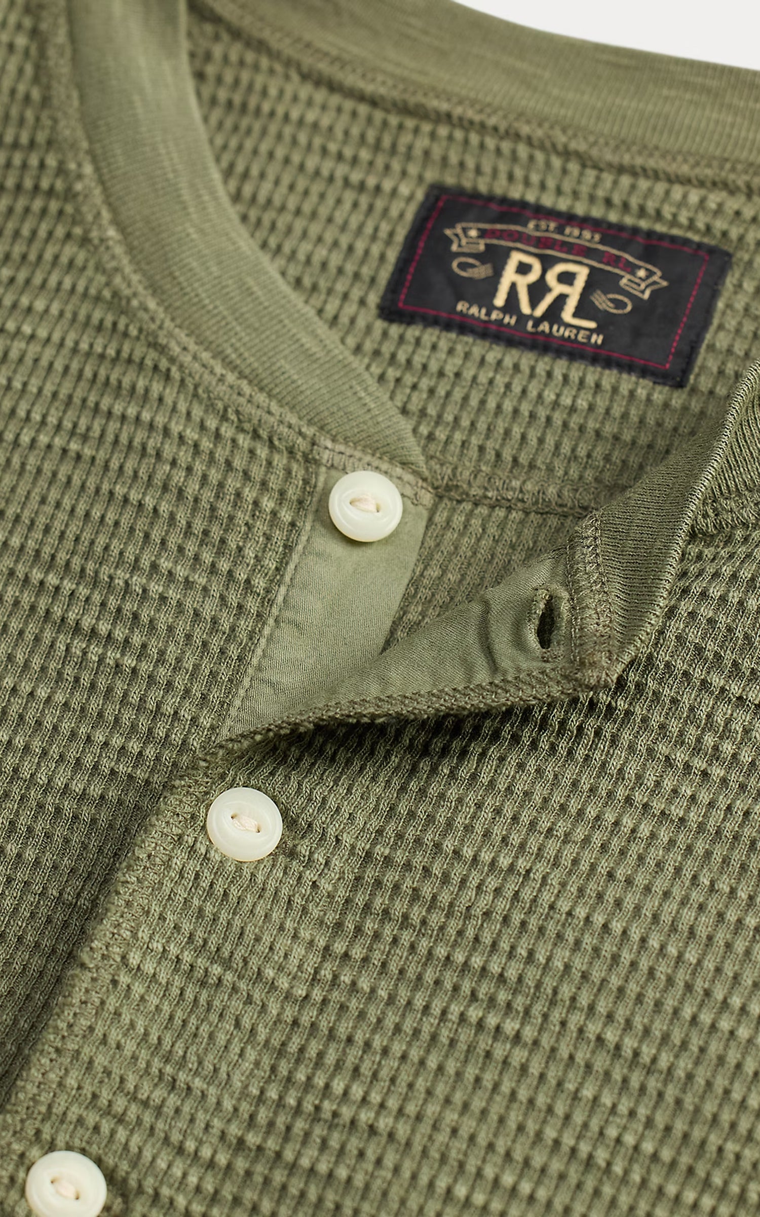 RRL Garment-Dyed Waffle-Knit Henley Shirt Tree Green