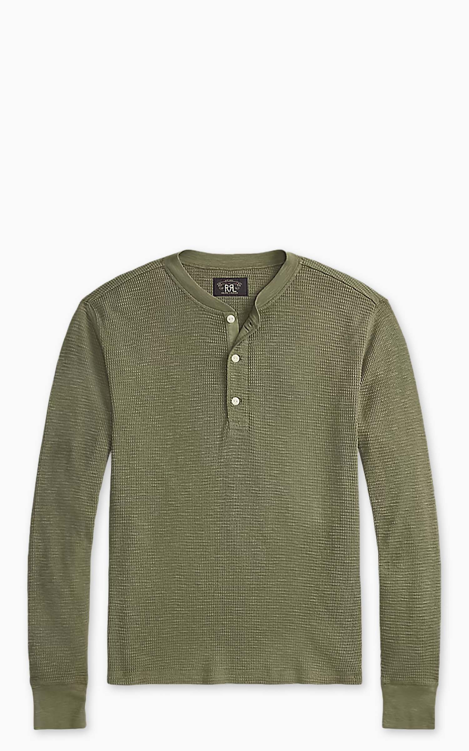 RRL Garment-Dyed Waffle-Knit Henley Shirt Tree Green