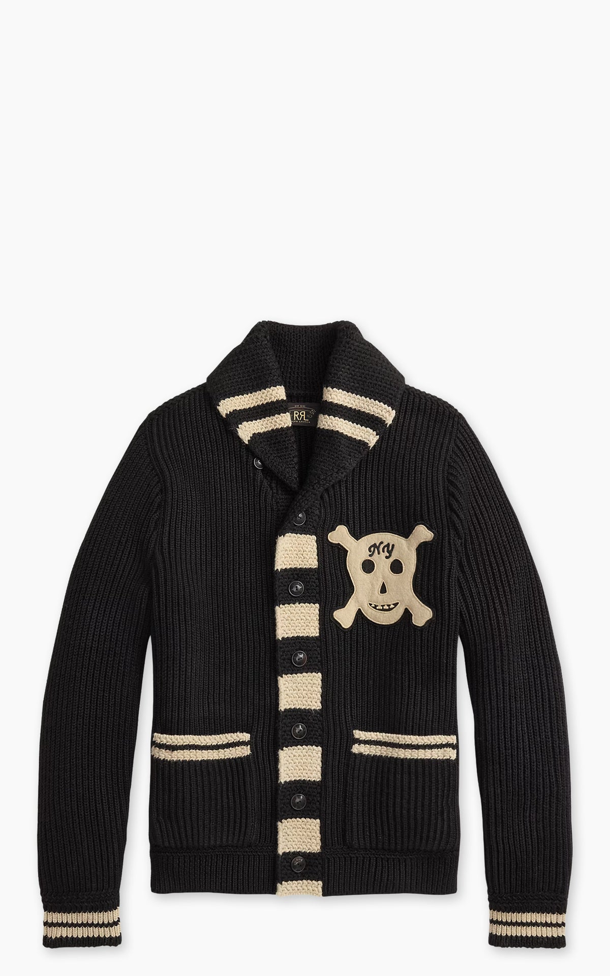 RRL Skull-Patch Wool Shawl Cardigan Black/Cream