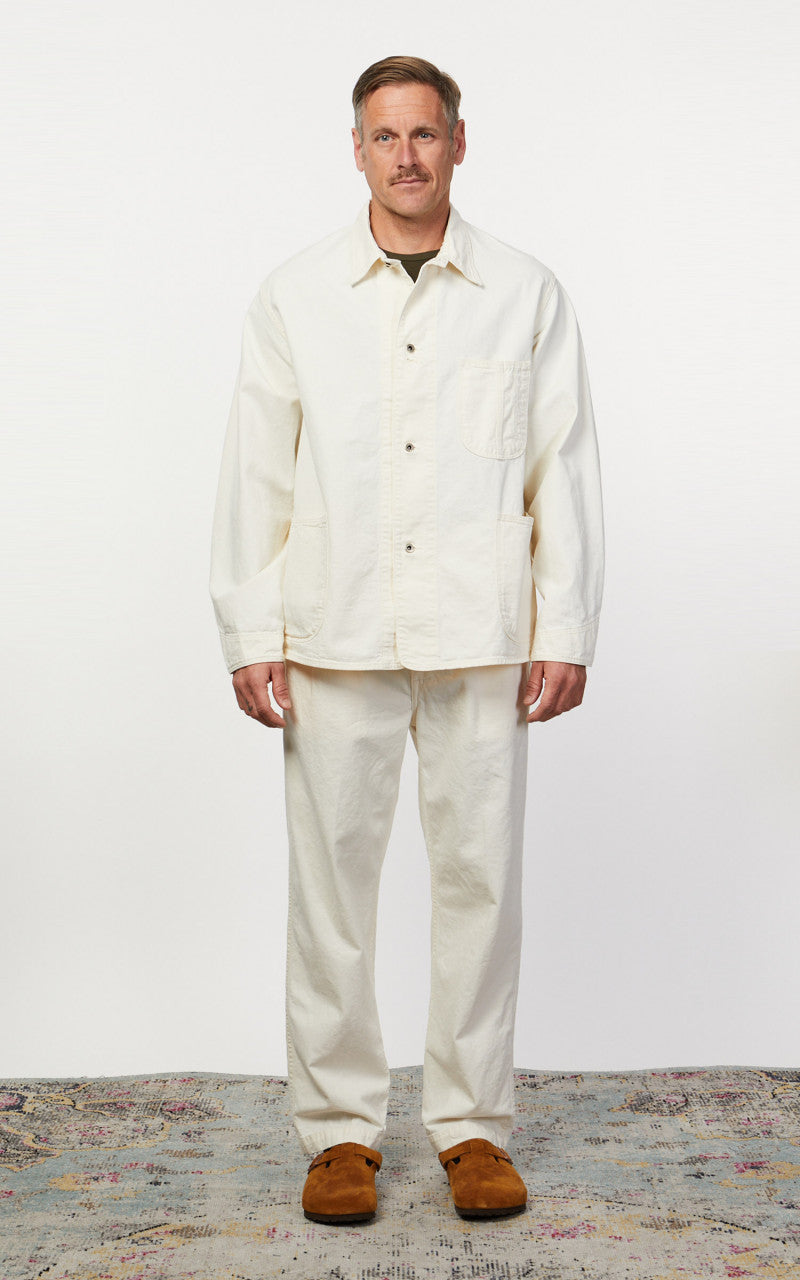 OrSlow Two Tuck Kinari Denim Wide Trousers Ecru