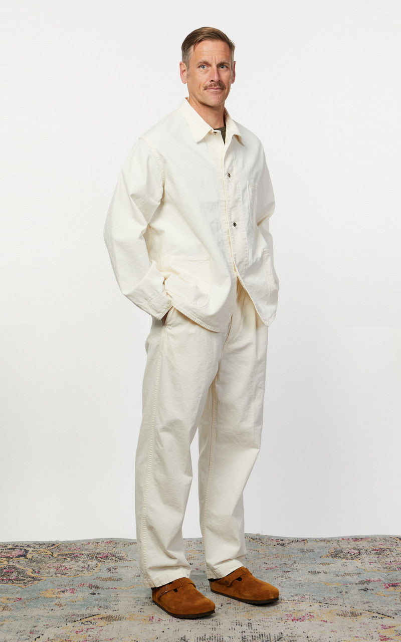 OrSlow Two Tuck Kinari Denim Wide Trousers Ecru