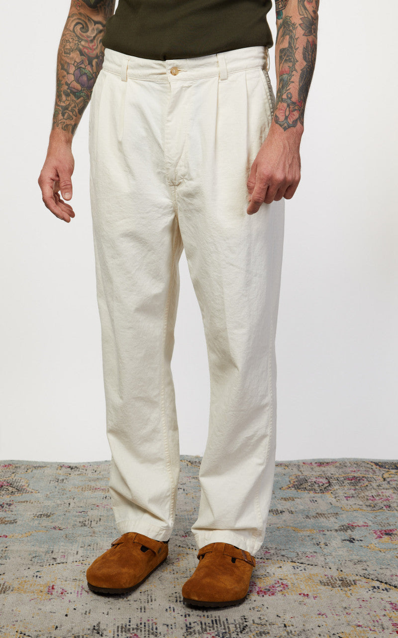 OrSlow Two Tuck Kinari Denim Wide Trousers Ecru