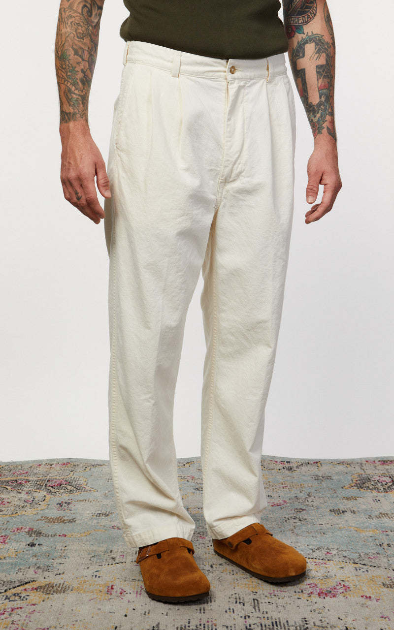 OrSlow Two Tuck Kinari Denim Wide Trousers Ecru